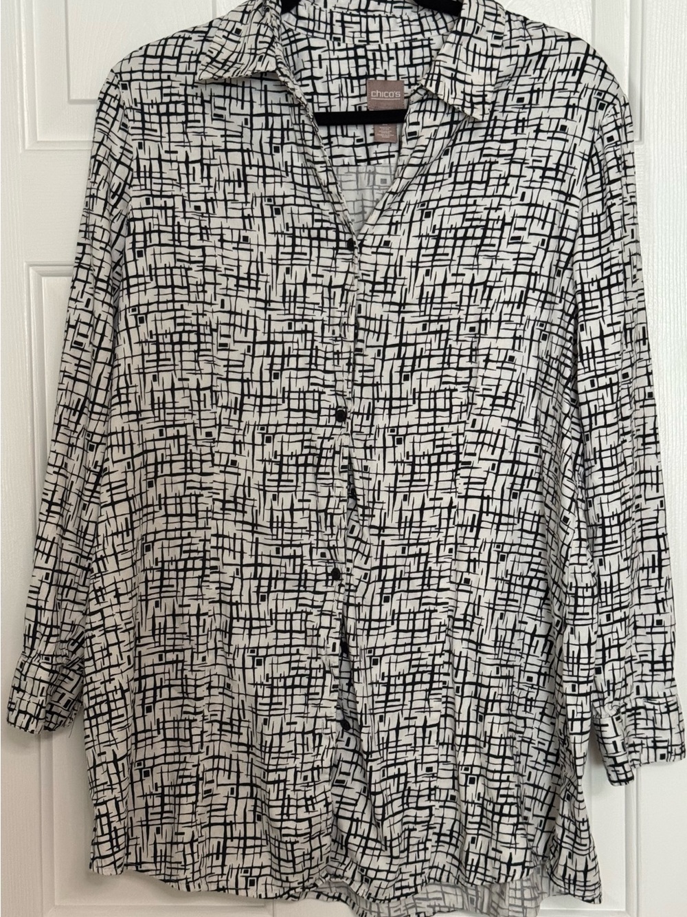 Chico's Black and White Abstract Grid Button-Down Shirt